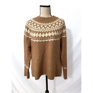 Talbots Crewneck Sweater | Nordic Fair Isle Tan & Cream Knit Cozy Pullov…